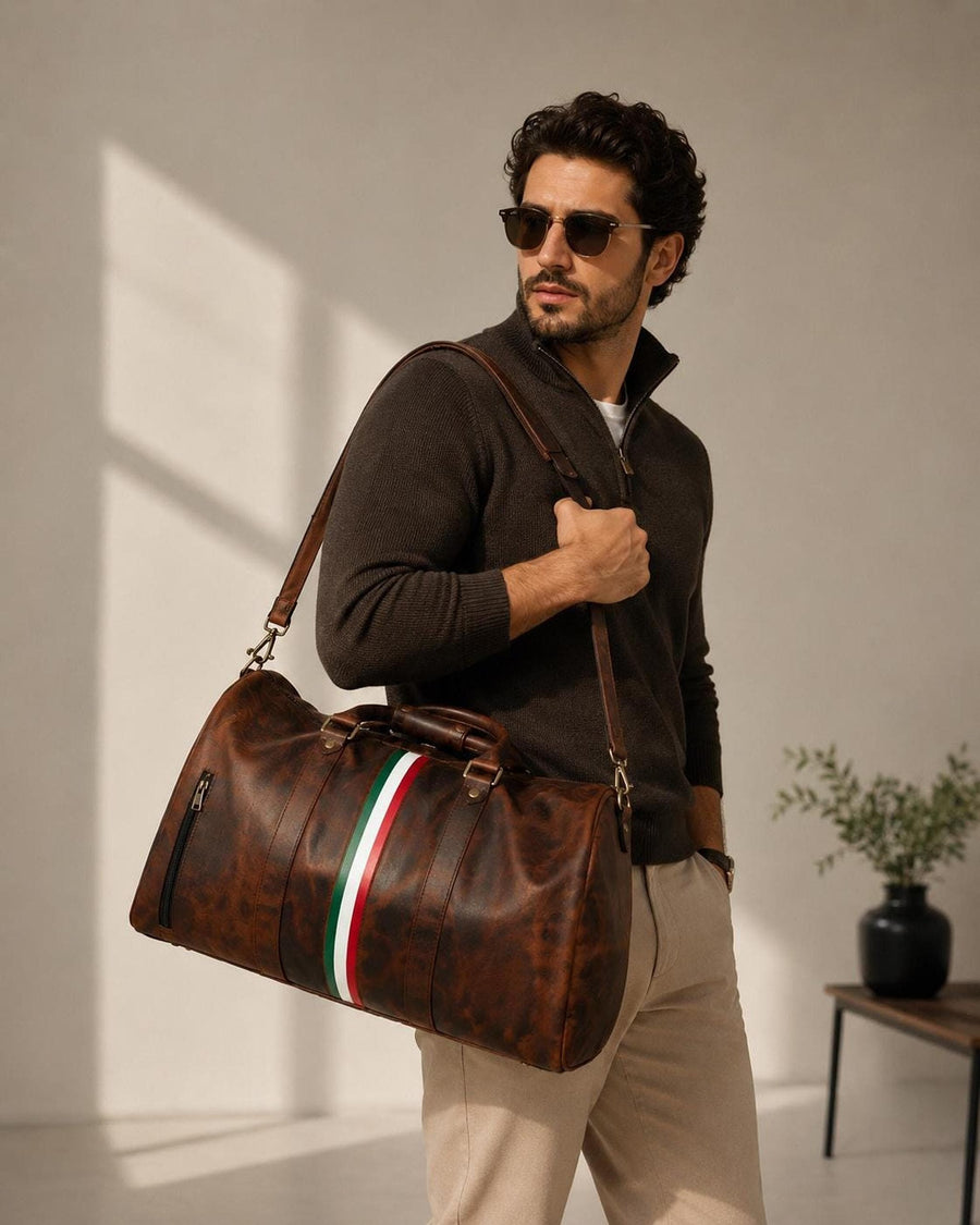 Mens Travel Duffel, Distressed Brown Genuine Leather Weekender Bag
