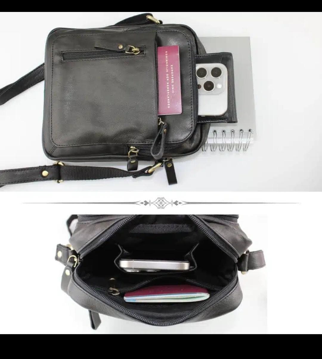 Handgefertigte schwarze Leder-Sling Bag, Herren-Umhängetasche, verstellbarer Riemen