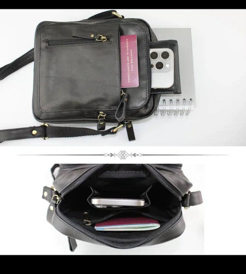 Handgefertigte schwarze Leder-Sling Bag, Herren-Umhängetasche, verstellbarer Riemen