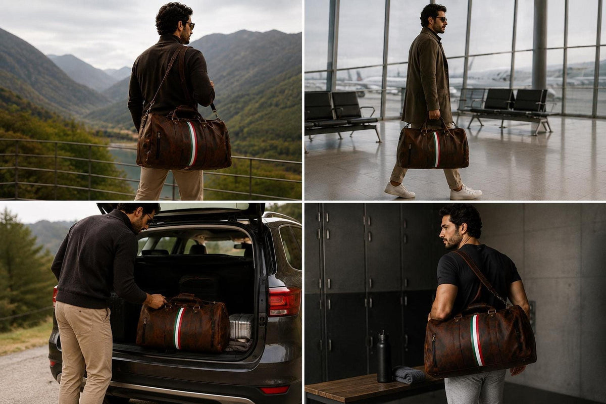 Mens Travel Duffel, Distressed Brown Genuine Leather Weekender Bag