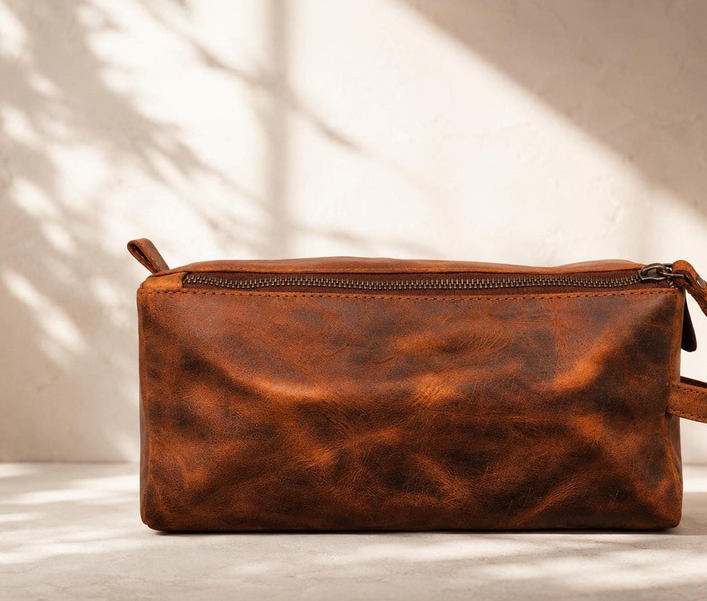 Leather Dopp Kit, Distressed Brown Toiletry Bag with Personalization