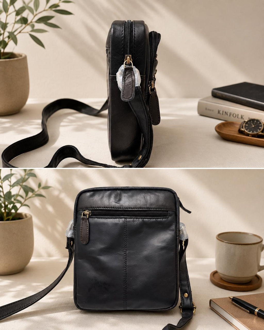 Handgefertigte schwarze Leder-Sling Bag, Herren-Umhängetasche, verstellbarer Riemen