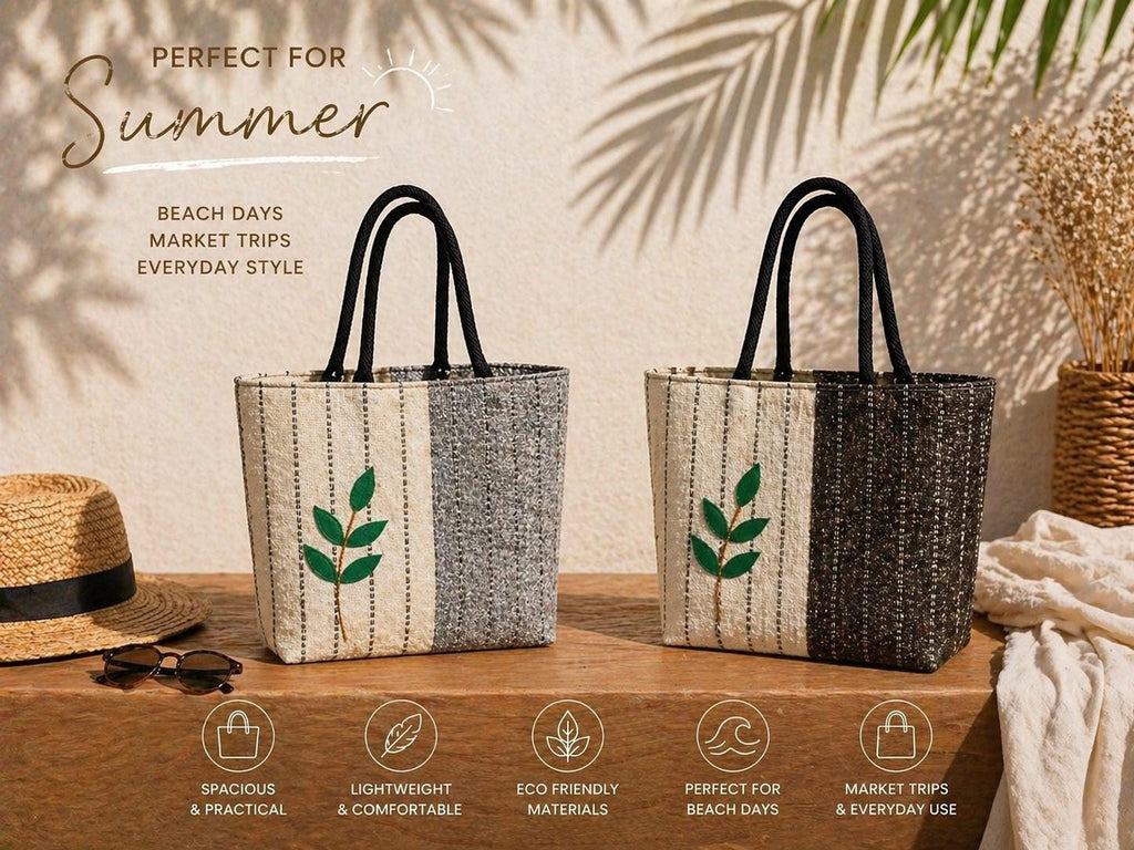 Handgemachte Tragetasche, Jute-Canvas-Shopper mit Blätterstickerei und wasserdichter Beschichtung