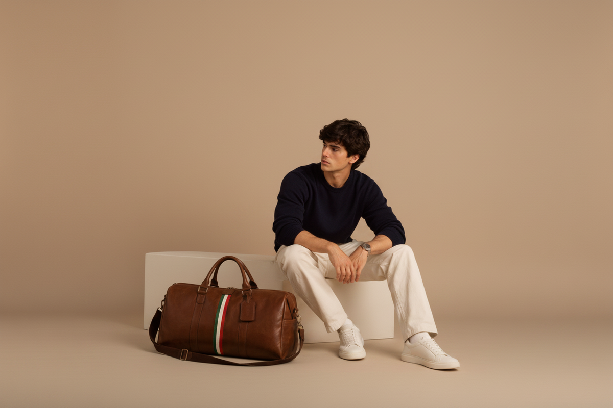A man sits on a beige block wearing a navy sweater, cream pants, and white sneakers next to a brown vintage 
leather duffel bag with a green, white, and red stripe detail.