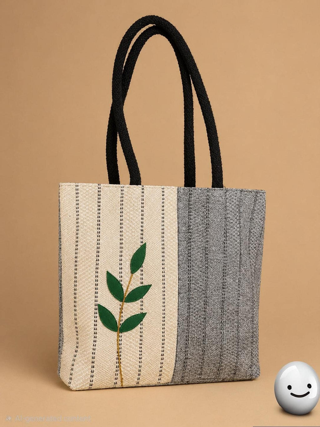 Handgemachte Tragetasche, Jute-Canvas-Shopper mit Blätterstickerei und wasserdichter Beschichtung