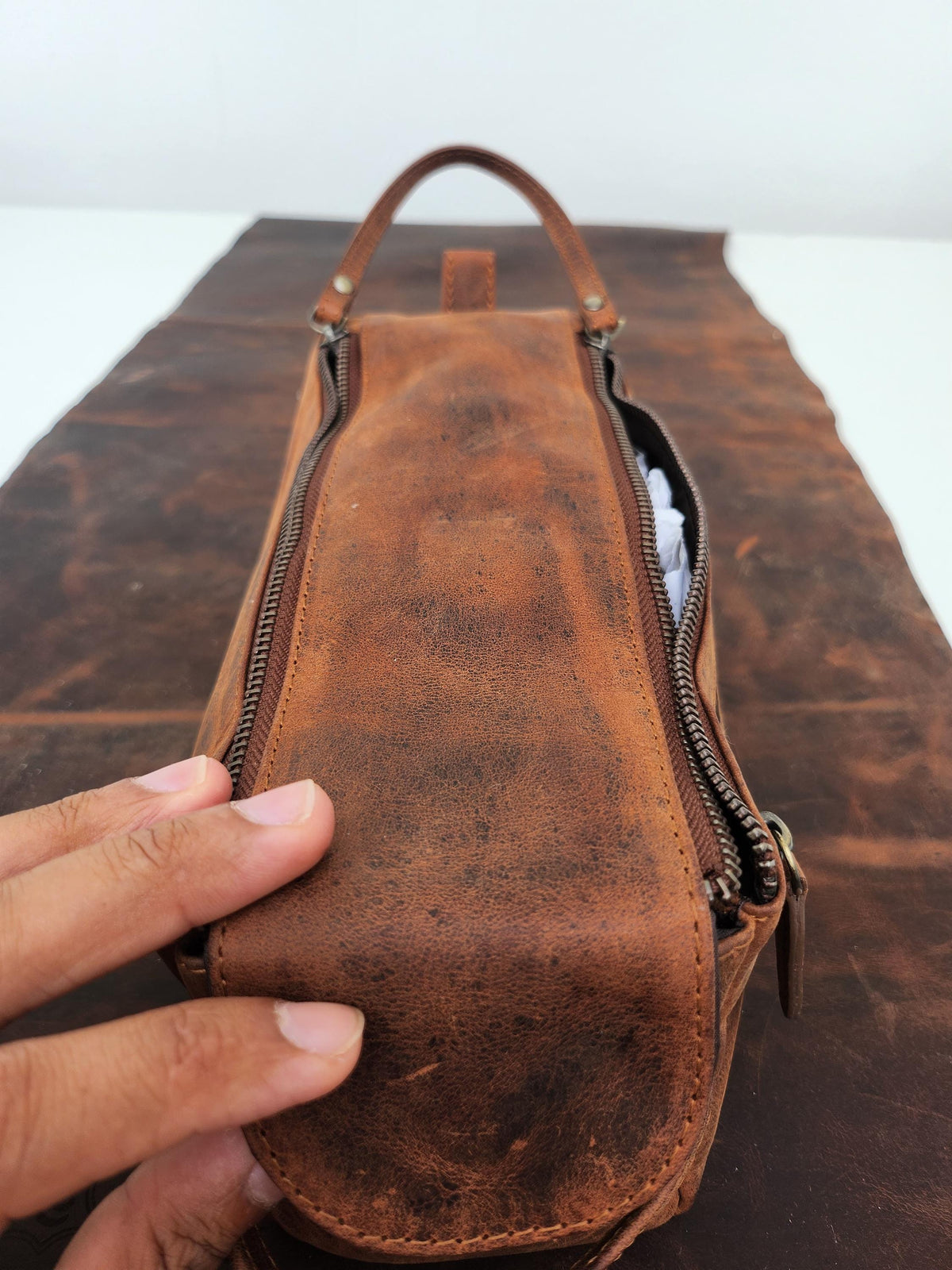 Leather Dopp Kit, Distressed Brown Toiletry Bag with Personalization