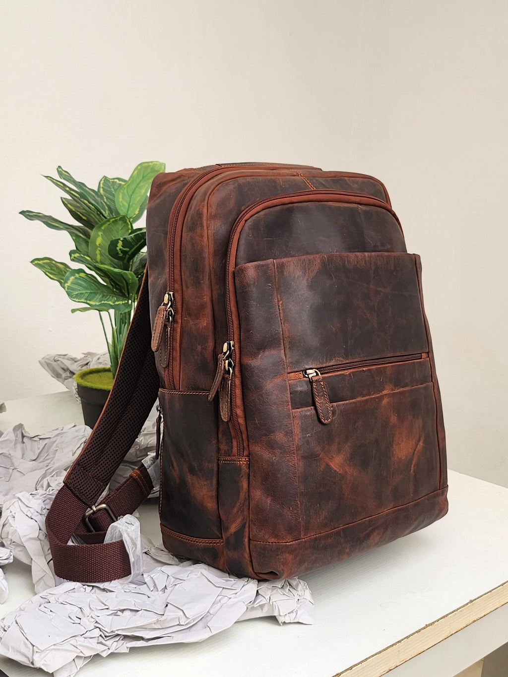 Laptop XL Rucksack, Öl-Pull-Up-Leder 17-Zoll-Rucksack 25L